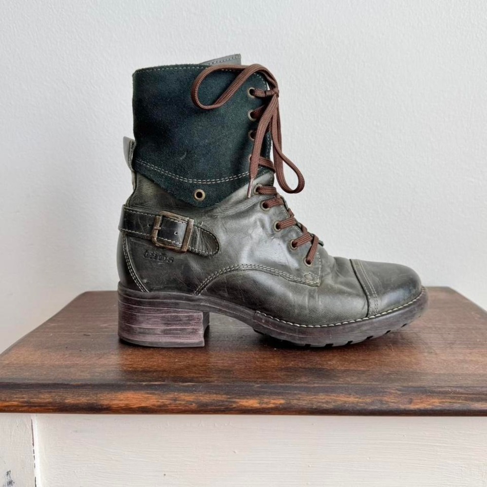 Taos Footwear Olive Green and Brown Lace-Up Combat Booties